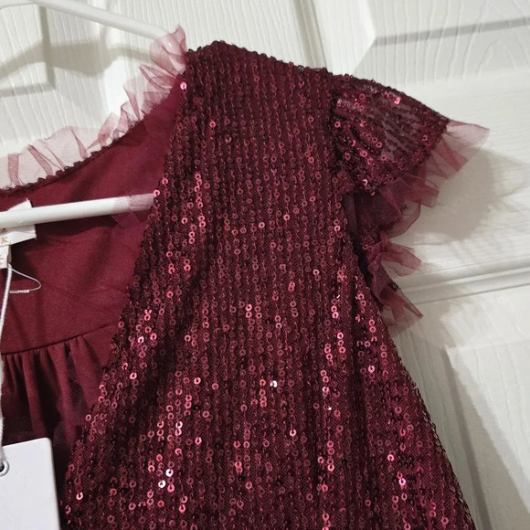 NWT M By MNK Sequined Babydoll Mini Party Dress in Burgundy, Tulle Trim Details. - Picture 8 of 15